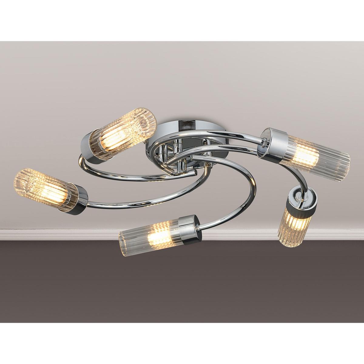 Markinch IP44 Five Lamp Flush Ceiling Light in Chrome with Clear Tubular Glass Shades