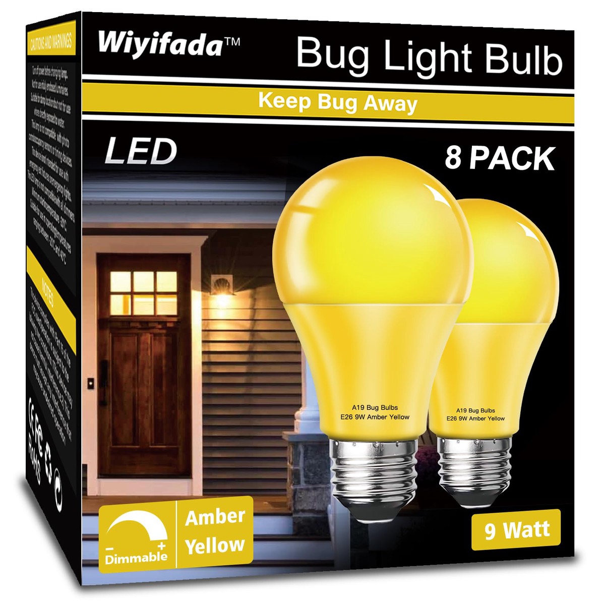 Wiyifada LED Bug Light Bulbs, Dimmable 9W Amber Yellow, 8 Pack, A19 Outdoor and Indoor Use, Plastic