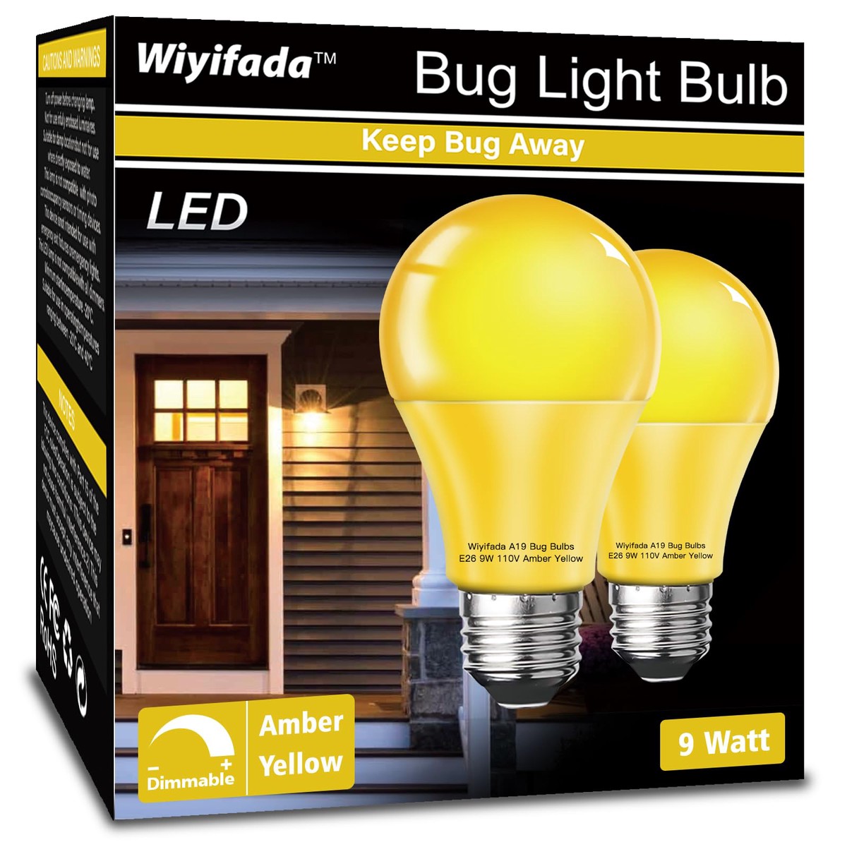 Wiyifada LED Bug Light Bulbs, Dimmable 9W Amber, 2 Pack, A19, Outdoor & Indoor Use, Replace Up to 100W